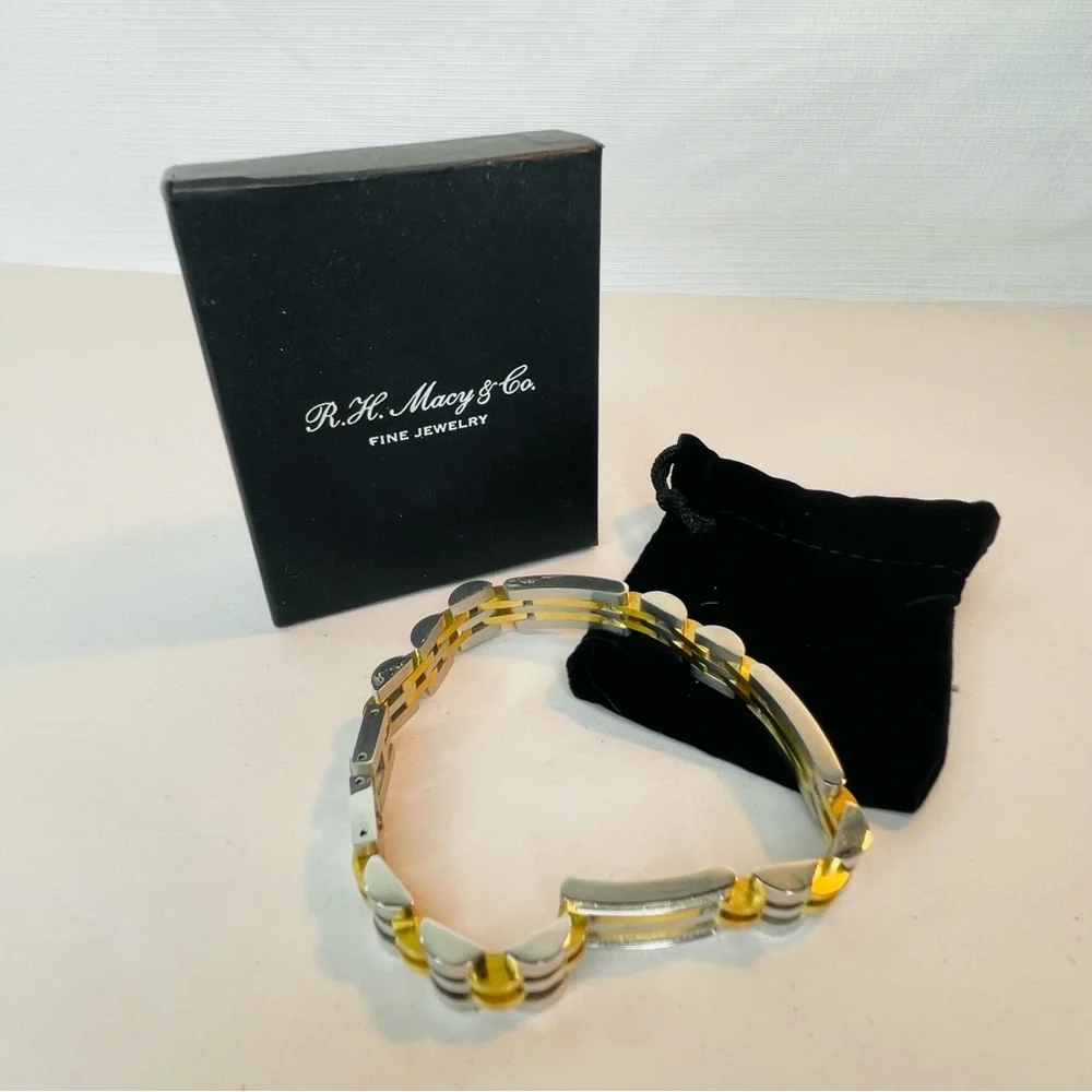 R.H. Macy Mens Two Toned Stainless Steel Metal Link Diamond Bracelet 9” Long - Picture 3 of 16